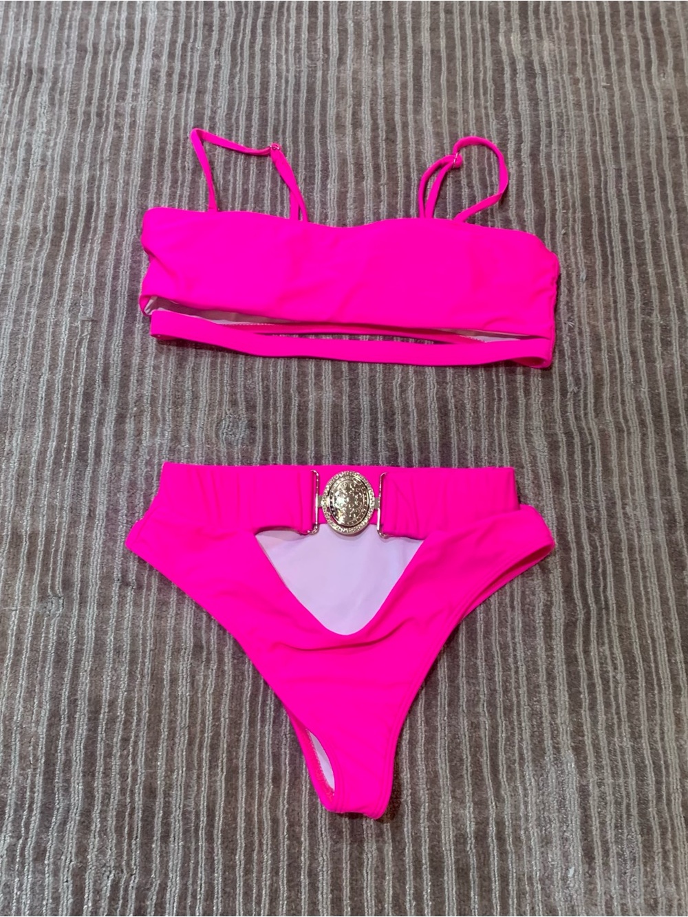 Neon Pink Two-Piece Bikini Set with Decorative Buckle